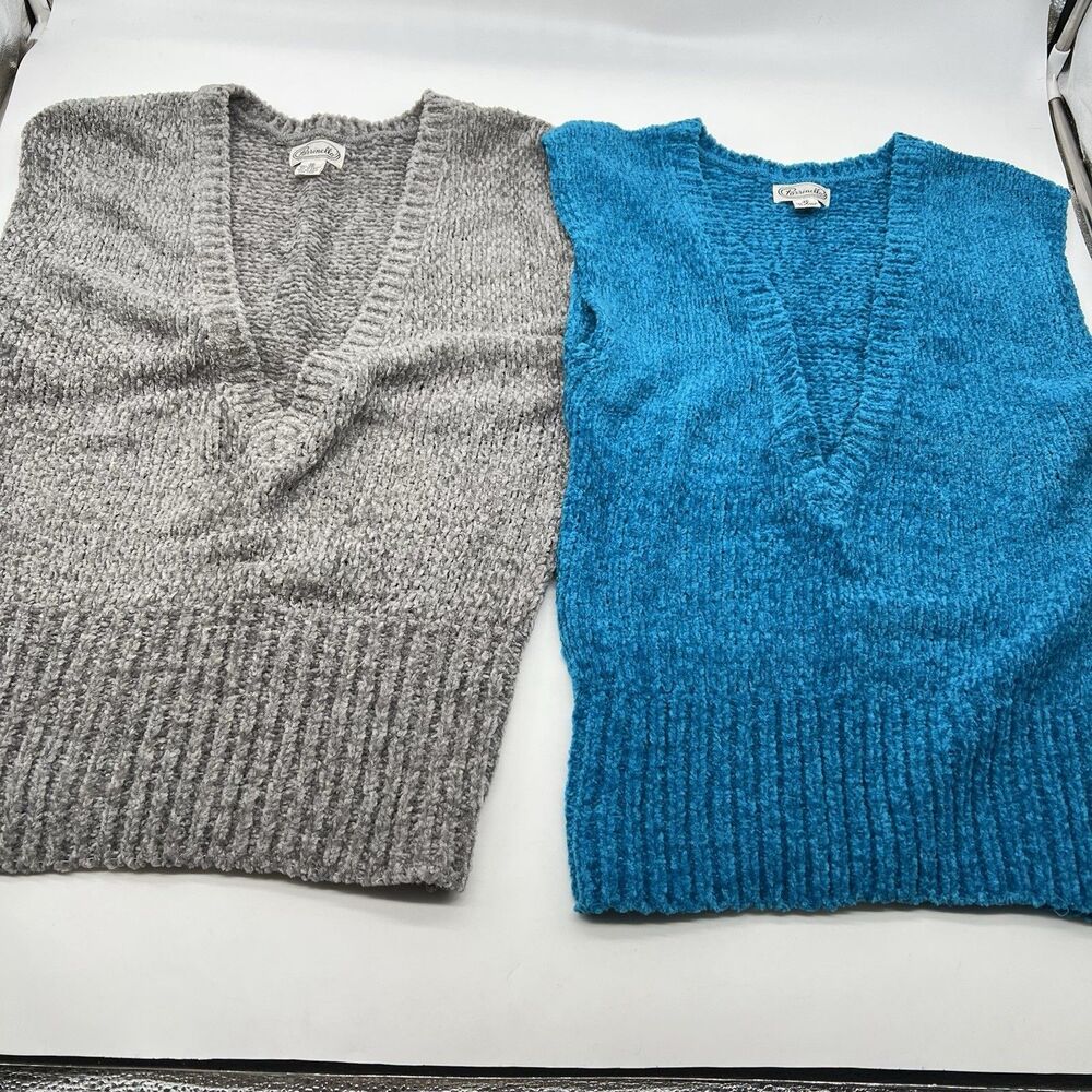 Lot of 2 Parrinello Deep V Neck Chenille Sweater Vests Gray & Cerulean Blue-Sz M